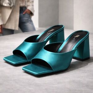 Zara Satin Teal Mule Heels Square Toe Slip On Sandals NWT Sz 6 (36)